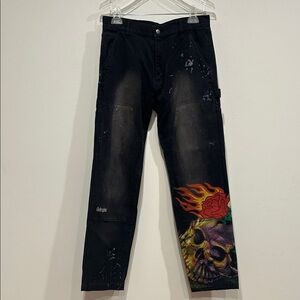 Revolve x Civil Regime Black Straight Leg Jeans skull rose fire moto Women’s new